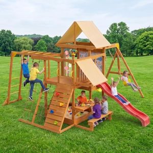 SUNIBOXI Wooden Swing Sets for Backyard, Kids Outdoor Playground Set with Monkey Bars, Slide, Swings, Climbing Ladder, Rock Wall, Picnic Table with Canopy for Ages 3-10