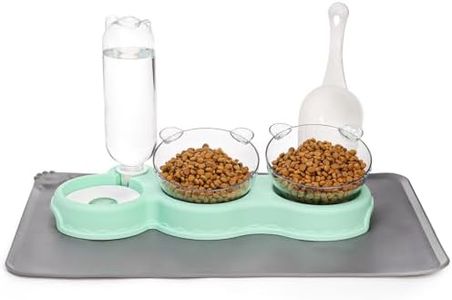 WRINGKIT Cat Food Water Bowl, Triple Cats Bowls with Mat and Scoop, 15° Tilted Raised Cat Bowl Dishes with Automatic Water Bottle, Pet Feeding Bowls for Cats, Small Dogs, Wet, Dry Food