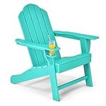 COSTWAY Folding Adirondack Chair, Weather Resistant Patio Chair with Built-in Cup Holder, Outdoor Armchair Lounger for Fire Pit, Patio, Garden, Backyard (Turquoise, Unfolding)