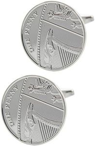 COLLAR AND CUFFS LONDON - Premium Cufflinks with Presentation Gift Box - Lucky Penny - British 1p Round Tails Coin Classic Design - Silver Colour, Stainless Steel,Brass
