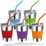 Rommeka Kids Cups with Straws and Lids, 16oz 5 Pack Stainless Steel Tumblers Unbreakable Sippy Cups with Straw Drinking Glasses for Adults and Children