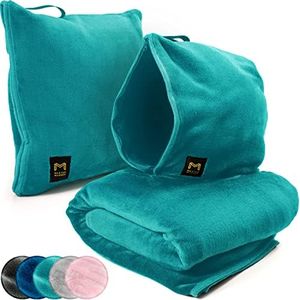 MasterManner Travel Blanket Airplane Compact with Hoodie – 2in1 Airplane Travel Accessories from Plane Blanket to Travel Pillow with Luggage Strap, Soft Handle & Secure Pocket