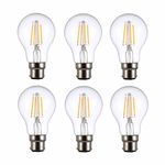 TEKLED® A60 Filament Vintage LED Bulbs | B22 Bayonet Cap | Energy Saving 4W Light Bulb 40W Equivalent | NONDIMMABLE Clear 2700K 470LM | 6-Pack | Warm White