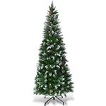 COSTWAY 5FT/6FT/7.5FT Artificial Christmas Tree, Snow Flocked Pencil Trees with Pine Cones and Metal Stand, for Xmas Indoor Décor