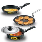 Hawkins Futura 3 Pieces Cookware Set 1 - Non Stick Flat Tava, Frying Pan and Saute Pan with One Stainless Steel Lid, Black (NSET1)