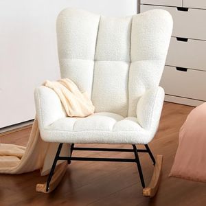 PrimeZone Modern Rocking Chair for Nursery - Teddy Upholstered Glider Rocker with High Backrest, Comfy Armchair Rocking Accent Chairs for Living Room, Bedroom, Offices, White