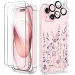 GVIEWIN Compatible with iPhone 15 Case 6.1" 2023, with 2X Screen Protectors+2X Camera Lens Protectors, Non-yellow Flower Clear TPU Slim Bumper Shockproof Anti-Scratch Protective Cover, Floratopia