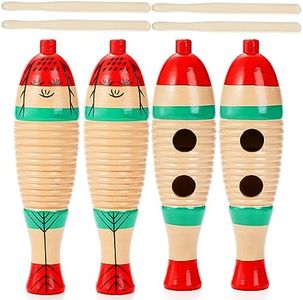 Yopay 4 Pack Guiro Instrument Fish Shaped, Latin Percussion Instrument for Kids, Colorful Wooden Musical Instruments with Rhythm Sticks for Girls, Boys, Adults, Educational Early Learning