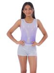 IKAANYA Girls/Women Combo - Sleeveless Leotard and matching shorts - Ideal for Gymnastics, Dance, Yoga, Acrobatics or Performance (Purple+Silver, 8-9 Years)