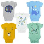 YUV Baby Boy's and Girl's Pack of 5 Multi-Coloured Half Sleeve 100% Cotton Printed Onesie/Romper - 0 to 3 Months