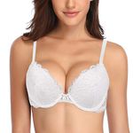 Deyllo Women's Push Up Lace Bra Sexy Deep V Lift Up Bra Underwire Padded Comfort Everyday Bra(White,32A)