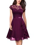 MISSMAY Women's Vintage Lace Contrast Chiffon Ruffle Classy Formal Prom Dress (Medium, Magenta)