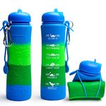 Motivational Kids Water Bottle with Time Markings - Dinosaur Engraved Water Bottle for Children - 0.6 Litre Foldable Collapsible Silicone Girls and Boys Water Bottle for School - Teenage Water Bottle