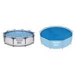 Bestway MAX Steel Pro Round Frame Swimming Pool with Filter Pump, Grey, 10 ft, 305 x 305 x 76 cm & BW58241 10 feet Steel Pro Frame, Solar Swimming Pool Cover, Blue