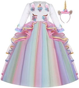 MYRISAM Niñas Disfraz de Carnaval Princesa Vestido de Manga Larga Unicornio para Chicas Cumpleaños de Boda de Fiesta de Cosplay Halloween Navidad Comunión Vestidos de Baile con Diadema Multicolor 4-5