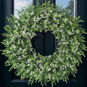 32" Large Artificial Eucalyptus Wreath with Baby's Breath for Front Door - Faux Eucalyptus Leaves, Fake Spring/Summer Flowers Wreath for Porch, Farmhouse, Wall, Window Outdoor Decor (White-Green)
