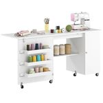 HOMCOM Folding Sewing Table with Drop Leaf, Rolling Craft Table with 2 Doors, Storage Shelves, Bins, Lockable Wheels, Sewing Machine Cabinet for Small Spaces, White Wood Grain