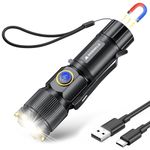 Sogdeco LED Torch Rechargeable, Super Bright Adjustable Focus Flashlight, 26 Hours Long Runtime, 4 Lighting Modes, Magnetic Waterproof Pocket Size Torch for Emergency,Walking,Camping