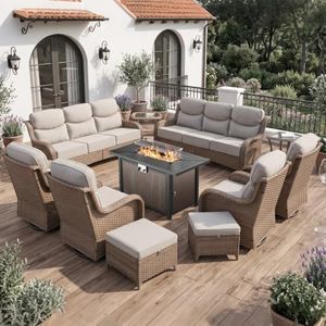 Opohoro Luxury 6" Thick Cushion 11 Pieces Wicker Patio Furniture Set with 41”Fire Table, Outdoor Conversation Set with Swivel Rocker Chairs Set of 4 and Patio Couch for Deck Porch Yard and Poolside