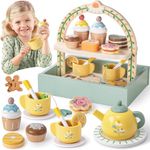 MINNOT Wooden Tea Party Set for Little Girls Toys Toddler Tea Set with Storage Cupcake Stand & Play Kitchen Accessories, Wooden Toys for Toddlers 3 4 5 6 Years Old, Birthday Kids Girls Gifts