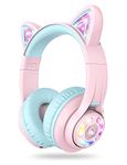 iClever BTH13 Bluetooth Kids Headphones with Mic, Over Ear Headphone Wireless Cat Ear Headphones for Girls Birthday Gift Safe Volume Limited, 45H Playtime Portable Headset for Tablet/PC, Pink