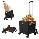 Folding Utility Cart Portable Rolling Crate Handcart with Stair Climbing Wheels and 360°Swivel Wheels Telescoping Handle Heavy Duty Plastic Box Dolly for Travel Shop Move Office Teacher(Black Climber)