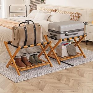 Smart FENDEE Fully Assembled Bamboo Luggage Racks Pack of 2, Folding Suitcase Stand with 5 Nylon Straps, Storage Shelf, Ideal for Guest Room, Bedroom, Hotel, Honey Oak