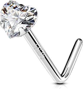 OUFER 925 Sterling Silver Nose Studs, L Shaped Nose Rings Studs, 20G Nostril Solid 3mm Heart CZ Nose Piercing Jewelry, Nose Studs For Women Men (L - 3mm Heart)