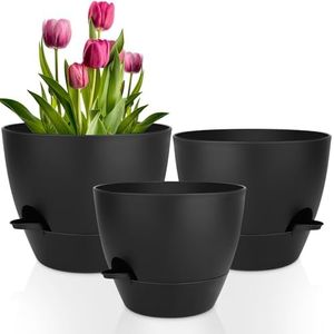 Plant Pots 12/10/9 Inch Self Watering Pots, Set of 3 Plastic Planters with Drainage Holes and Saucers,Plastic Flower Pots,Nursery Planting Pot for Indoor Out Door Plants(Pure Black)