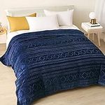 Exclusivo Mezcla Queen Size Flannel Fleece Blanket, 230x230 CM Soft Cozy Decorative Geometry Pattern Velvet Plush Bed Blanket, Navy Blue Blanket