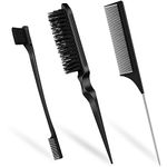 Qufiiry 3Pcs Slick Back Hair Brush Set, Double-Sided Edge Brush, Hard Bristle Brush and Rat Tail Hair Comb, Teasing Hair Edge Brushing, Slicking Hair for Women Men Kids