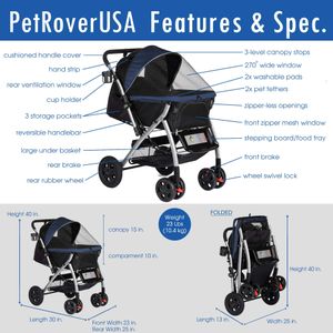 HPZ Pet Rover Stroller – Midnight Blue, Foldable Dog & Cat Carrier