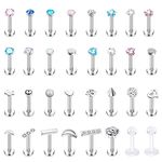 BodyBonita 32pcs Tragus Earring Studs Stainless Steel & Clear Labret Studs Monroe Lip Rings Helix Cartilage Lip Piercing Jewelry for Women Men 16G