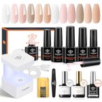 Modelones 8-in-one Builder Nail Gel Kit, 6 Colors All Seasons Nude Nail Builder Gel with Mini Nail Lamp Nail Forms, Gel Base Top Coat, Hard Gel Builder for Nail Extension Strengthener Gel in a Bottle