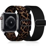 Easuny 2 Pack Elastic Strap Compatible with Apple Watch Strap 42mm 44mm 45mm 46mm 49mm, Adjustable Soft Nylon Band for iWatch Series 10 9 8 7 6 5 4 3 2 1 SE Ultra for Women Men, Black/Leopard