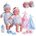 Berenguer Boutique TWINS- 15” Soft Body Baby Dolls - 12 Piece Gift Set with Open/Close Eyes- Perfect for Children 2+