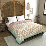 BLOCKS OF INDIA Hand Block Printed Cotton King Size Quilt/Rajai (90 Inch X 108 Inch, Turquoise Motifs), Skin Friendly, 300 TC