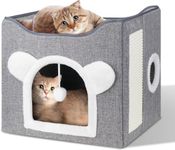 Cat Beds for Indoor Cats - Large Cat Cave for Pet Cat House with Fluffy Ball Hanging and Scratch Pad, Foldable Cat Hideaway,15.6 x 15.6 x 15.6 inches, Grey