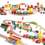 ORBRIUM Wooden Train Set 100 pcs Triple Loop Magnetic Trains with Wooden Tracks Compatible with Thomas The Tank Engine Brio Melissa for Toddler Kids Boys Girls Age 3+ STEM Montessori Toys City