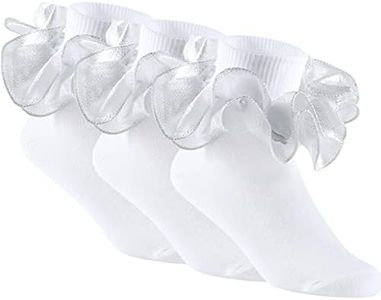Yepami 3 Pairs Girls Ruffle Socks Big Double Lace Frilly Trim Dress Socks (Silver,Medium)