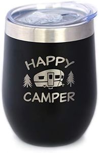 Happy Camper Wine Tumbler with Sliding Lid - Stemless Stainless Steel Insulated Cup - Cute Outdoor Camping Mug - Black