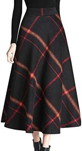 Tanming Women's Winter Warm Elastic Waist Wool Plaid A-Line Pleated Long Skirt (Black-M)