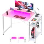 Cyclysio Reversible Computer Desk 40'' Gaming Desk with Shelf Writing Desk Table with Charge Outlets USB Ports Moveable Monitor Stand for Home Office, Bedroom Pink