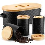 5pc Extra Large Black Bread Box & Kitchen Canister Set, Metal Bread Bin with Bamboo Cutting Board Lid, Airtight Textured Iron Storage Containers for Flour, Sugar, Coffee, Tea & Biscuits, Matte Black