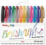 Pentel Arts Brush Sign Pen Wallet of 12 Assorted Colours Brush Pens (SES15C-12AST1)