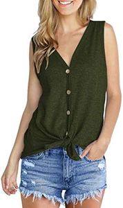 IWOLLENCE Womens Loose Henley Blouse Sleeveless Button Down T Shirts Tie Front Knot Tops Army Green Large