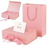 Magnetic Foldable Gift Box Decorative Gift Wrapping Set, oldable Magnetic Gift Box(23x17x7cm) with Ribbon + Bag(28x20x8cm) + 20g Raffia Hamper Shreds + A Card (23x17x7 CM, Pink(1 Pack))