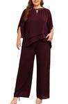 Hanna Nikole Plus Size Mother of Bride Pant Suits Ruffle Layers 2 Piece Chiffon Sets Wedding Guest Outfit Wine Red 24 Plus