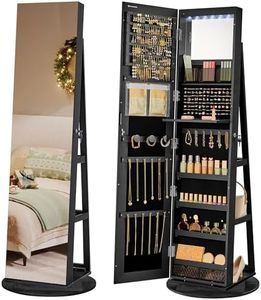 SONGMICS 6 LEDs Lockable Mirror Jewelry Cabinet, 360° Swivel Jewelry Organizer, Standing Jewelry Armoire, Frameless Full-Length Mirror, 3 Storage Shelves, Christmas Gifts,Black Surface