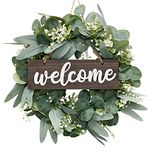 Dremisland Wreath for Front Door 18" Green Eucalyptus Wreath -Farmhouse Welcome Sign Festival Ornaments Home Decor | Ideal Spring & Summer Decorating for Home Front Door and Window Outdoor (Brown)